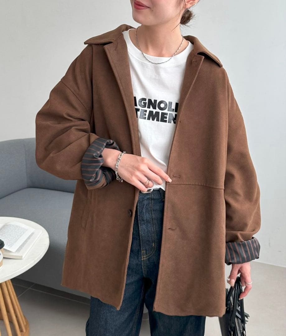 ブラウン フェイクスエードショートコート