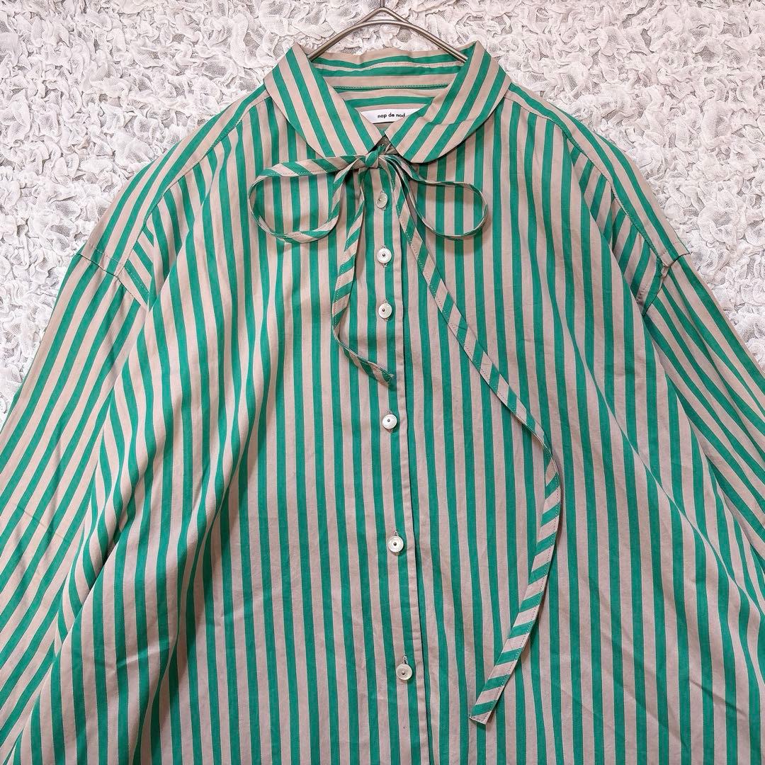 nop de nod リボン付き ストライプ シャツワンピース ロング 長袖 綿