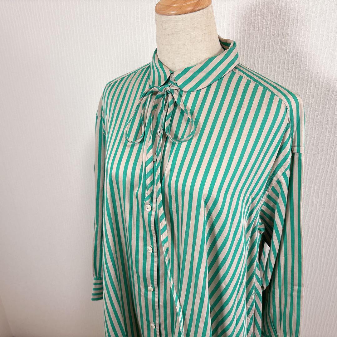 nop de nod リボン付き ストライプ シャツワンピース ロング 長袖 綿