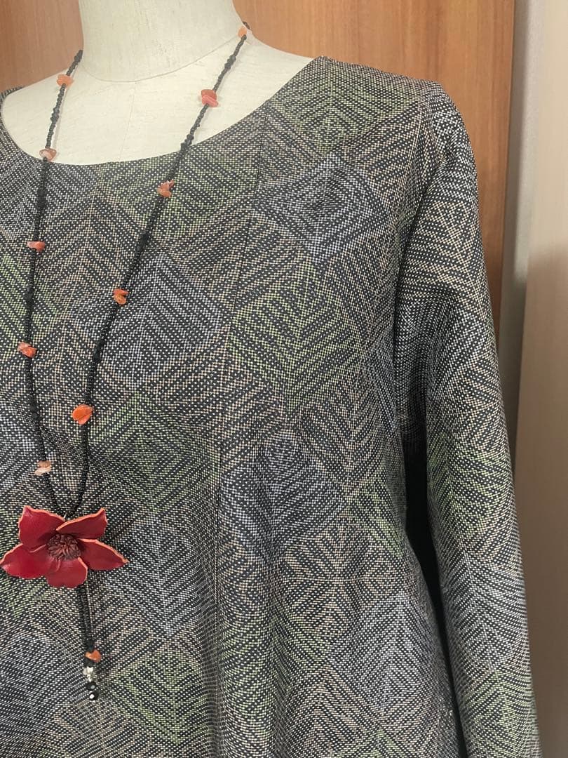 着物リメイク☆461大島紬脇タックワンピース／サイズL～LL