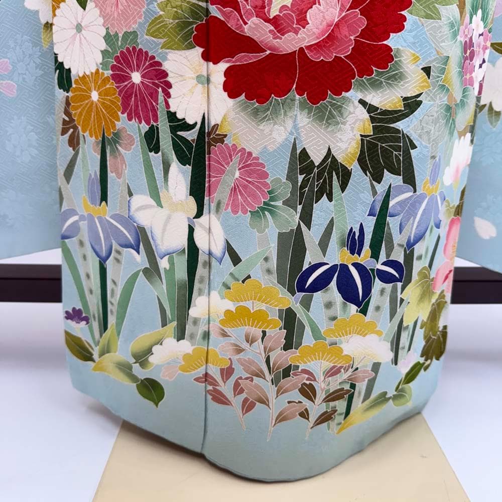 振袖 正絹 水色 古典花柄　裄69.5㎝ 　成人式 中古 D-107