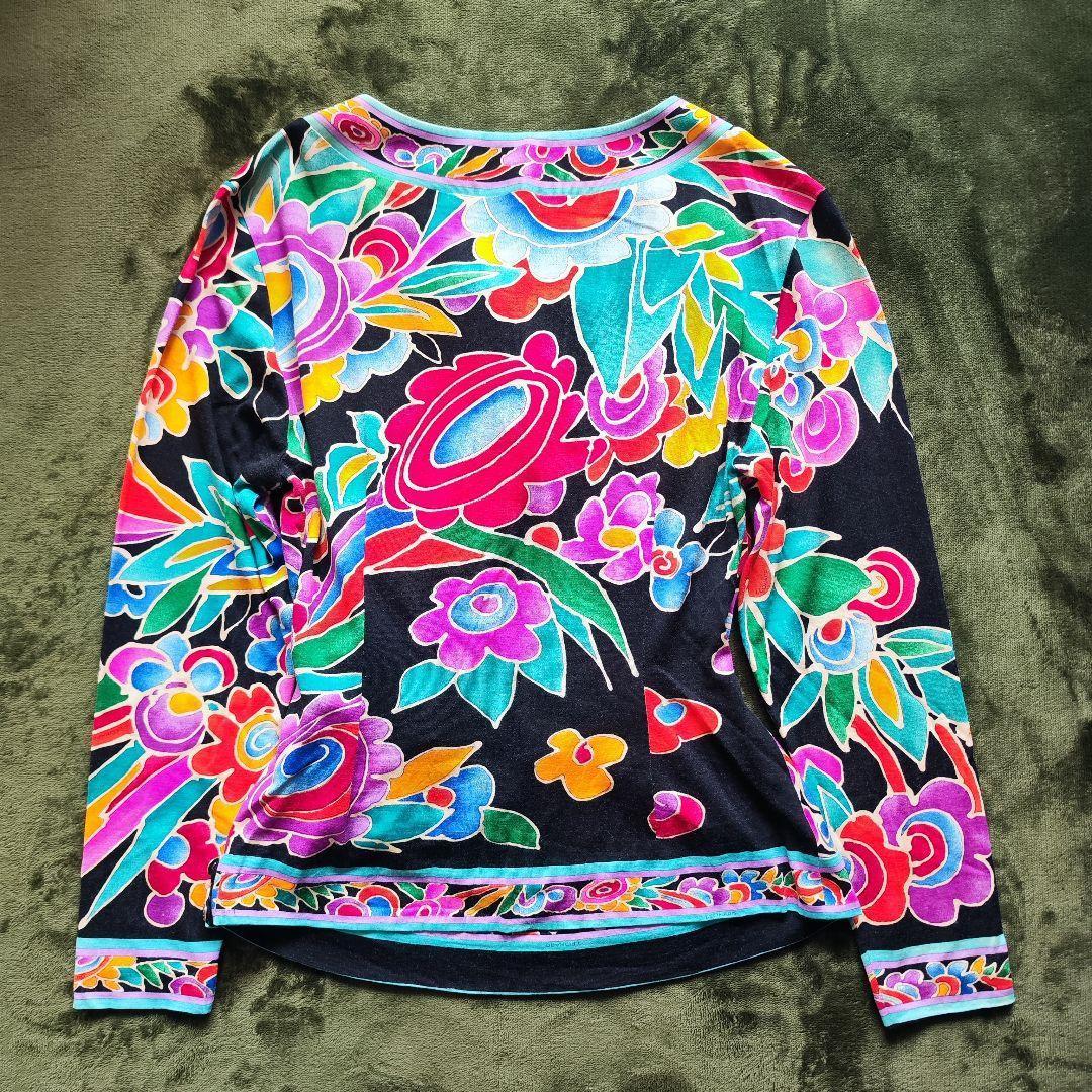 【美品】レオナール カシュクール金ボタン長袖カットソートリム シルク混 Lサイズ