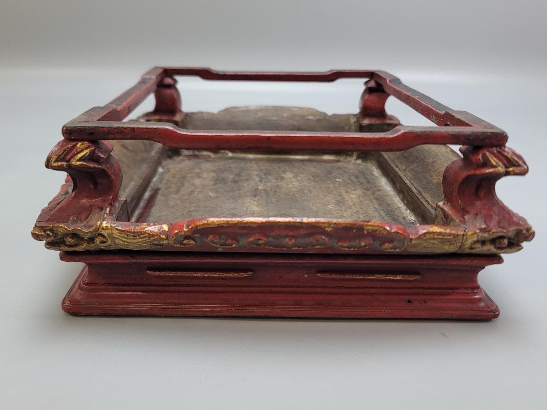 中国美術 螺鈿 獅子紋 朱漆 香炉台 DT507