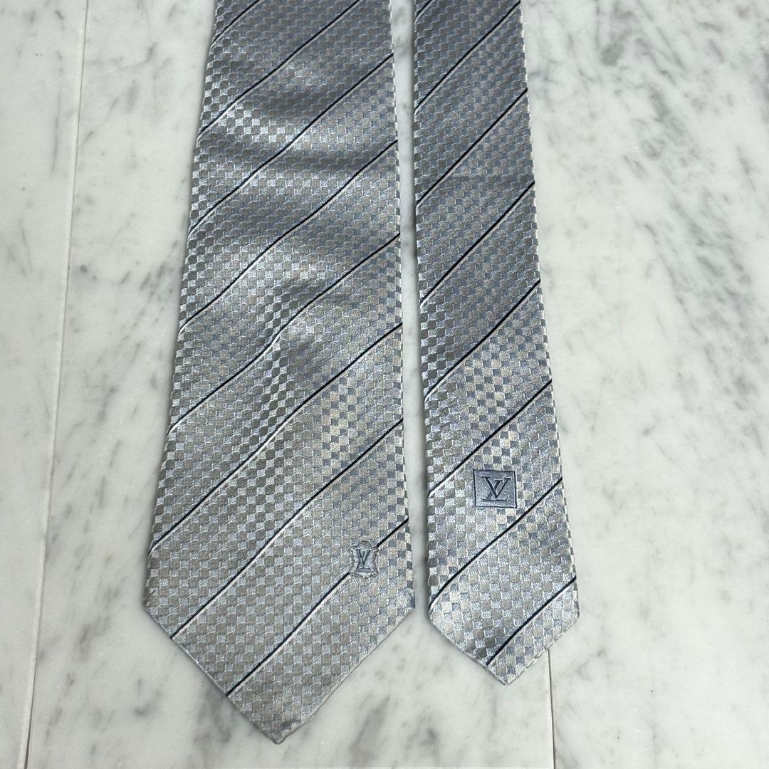 LOUIS VUITTON ネクタイ ブルー系 グレー ダミエ ストライプ