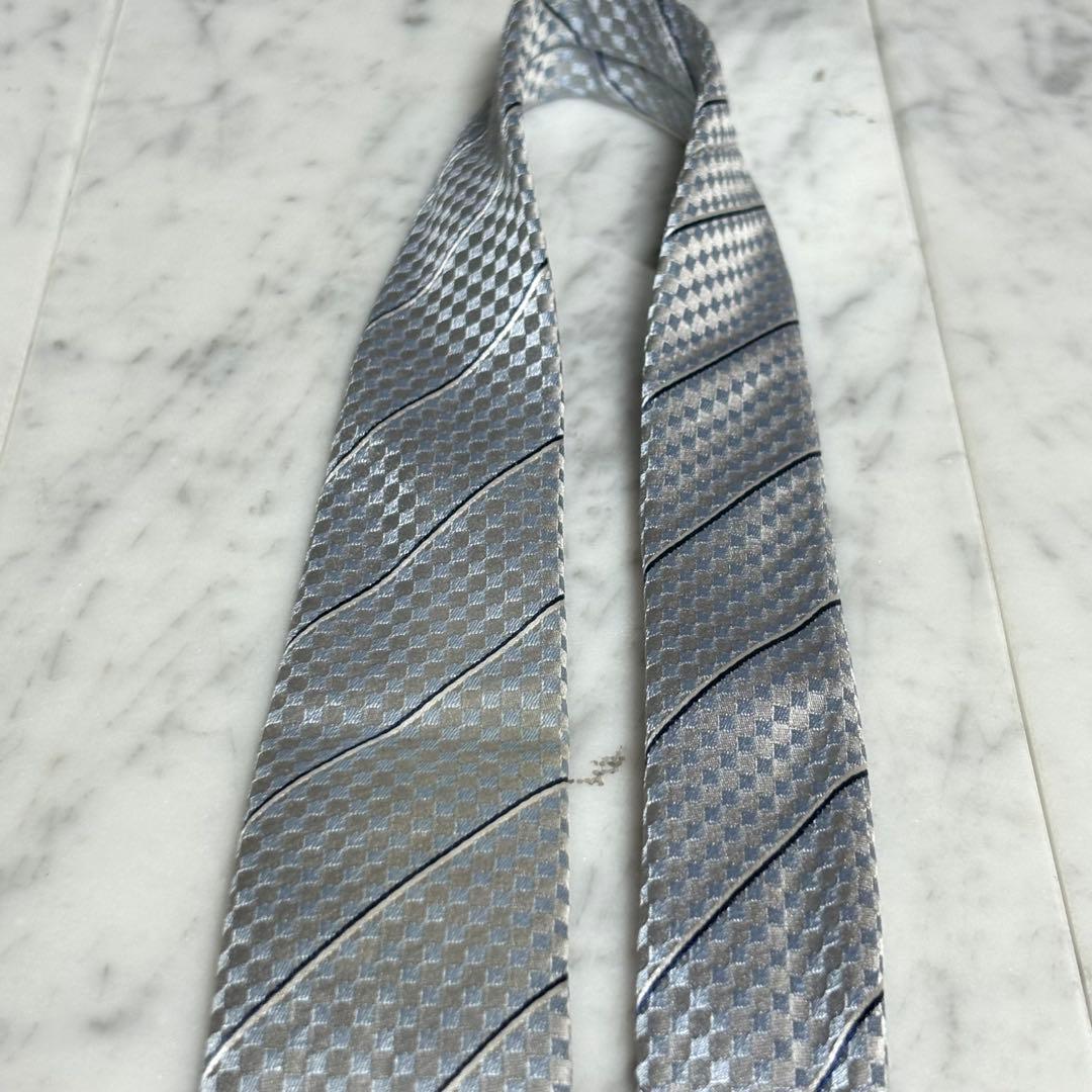 LOUIS VUITTON ネクタイ ブルー系 グレー ダミエ ストライプ