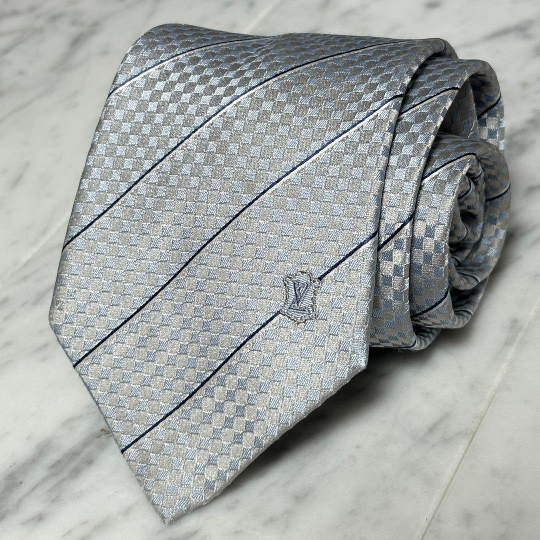 LOUIS VUITTON ネクタイ ブルー系 グレー ダミエ ストライプ