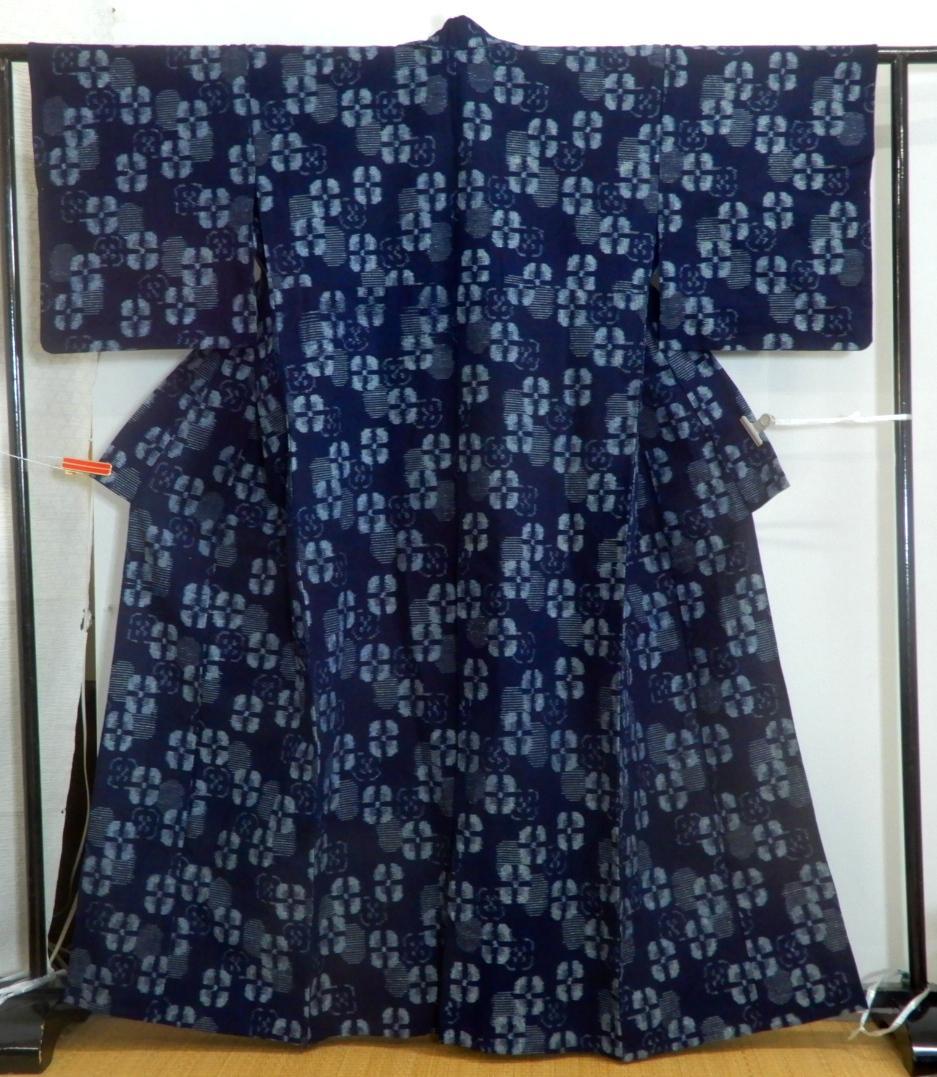木綿・弓浜絣単衣着物・手織り藍染 ・地厚