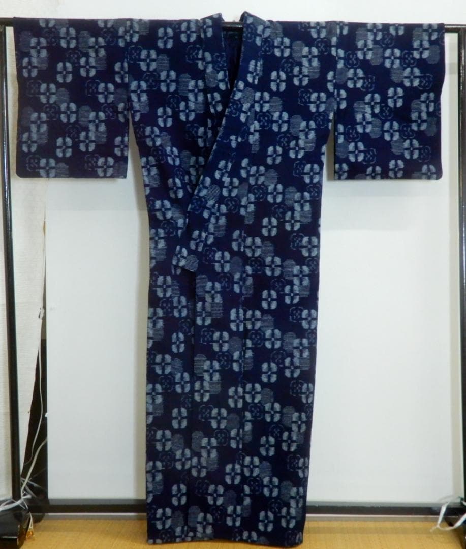木綿・弓浜絣単衣着物・手織り藍染 ・地厚