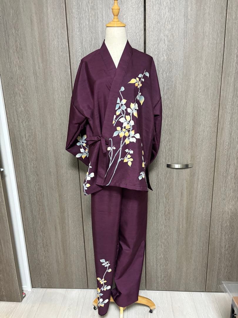 着物リメイク訪問着　枝花文　正絹から作務衣　長身の方でも股下75センチまで可能