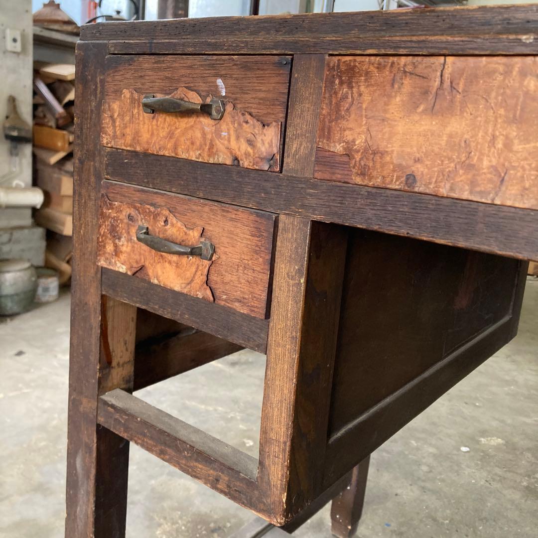 あ*ぃ様 ※引き出し1箇所無し 古い書斎机 瘤木 こぶ化粧 モダン アンティーク