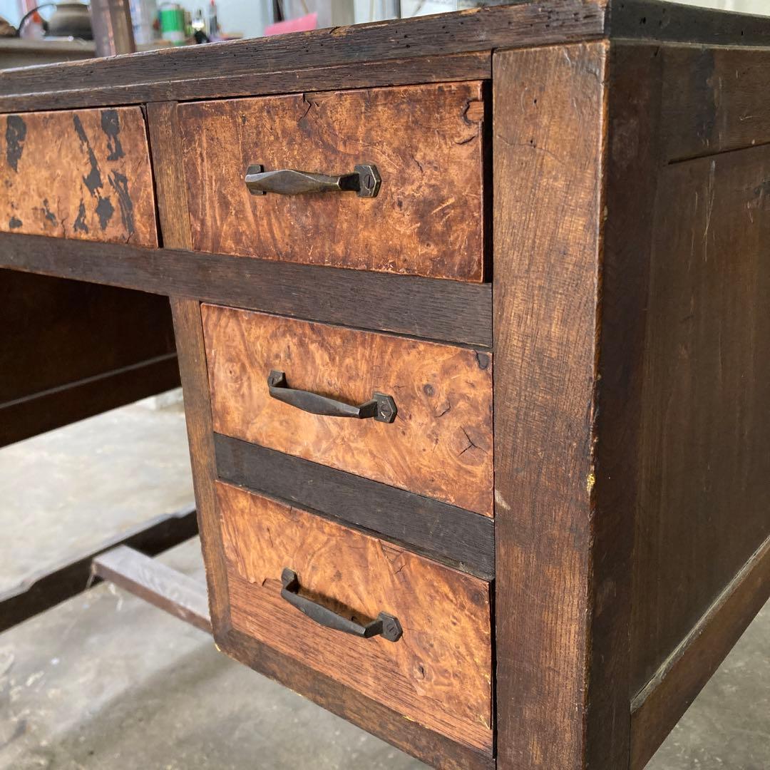 あ*ぃ様 ※引き出し1箇所無し 古い書斎机 瘤木 こぶ化粧 モダン アンティーク