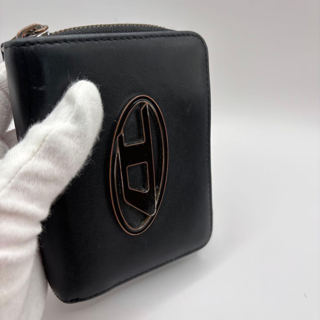 DIESEL 二つ折り財布　1dr ロゴ　ラウンドジップ　ブラック　デカロゴ