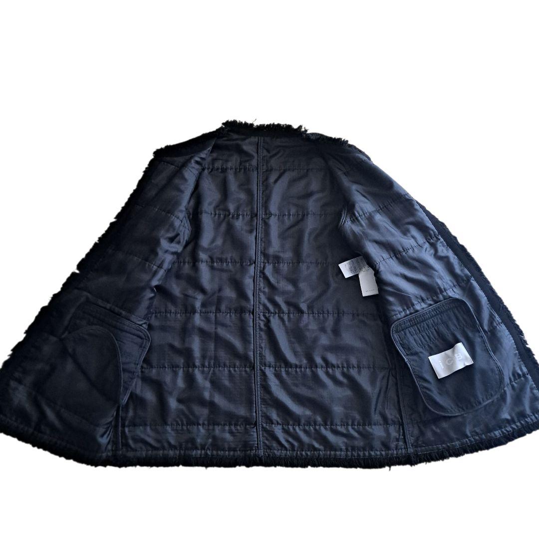 美品 アイシービー ロングツイードノーカラージャケット 黒 4サイズ XL