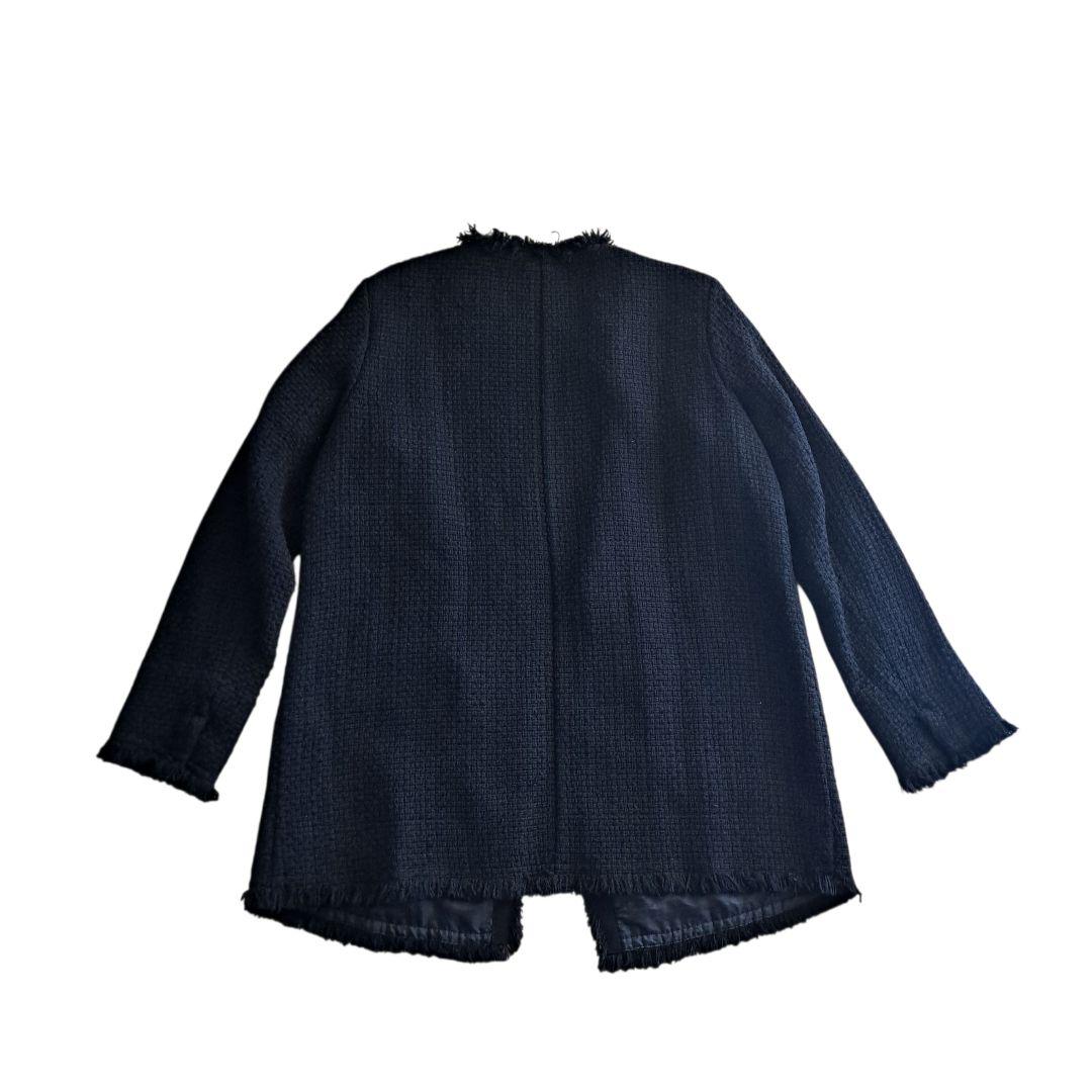 美品 アイシービー ロングツイードノーカラージャケット 黒 4サイズ XL