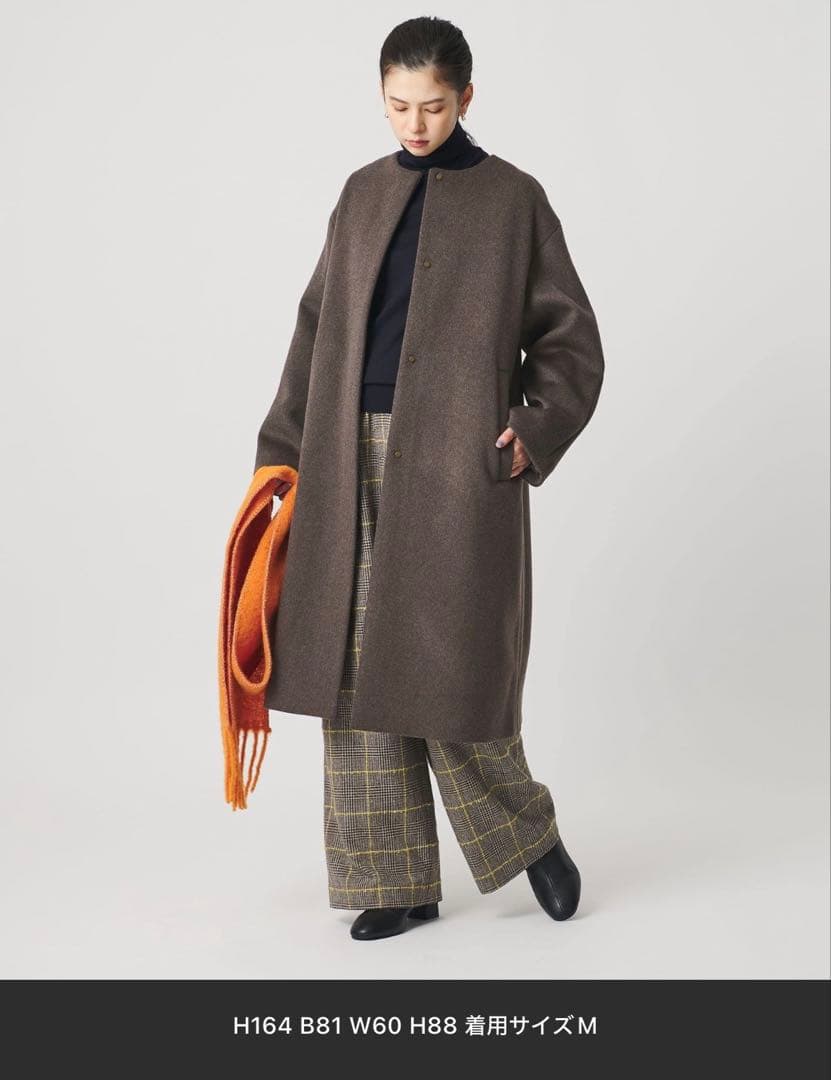 毛ナイロン ノーカラーコートモカ M