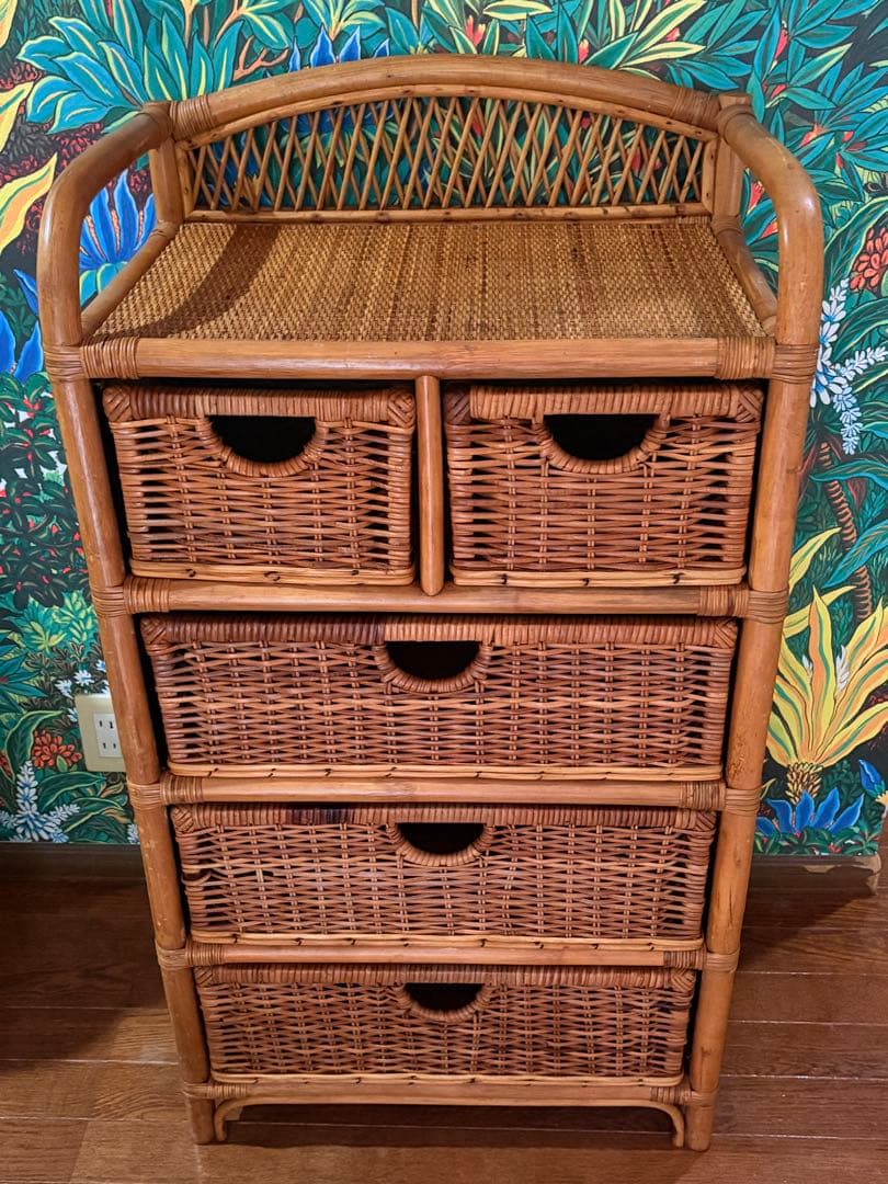 美品■昭和レトロ ラタン 4段　チェスト箪笥 コイズミ