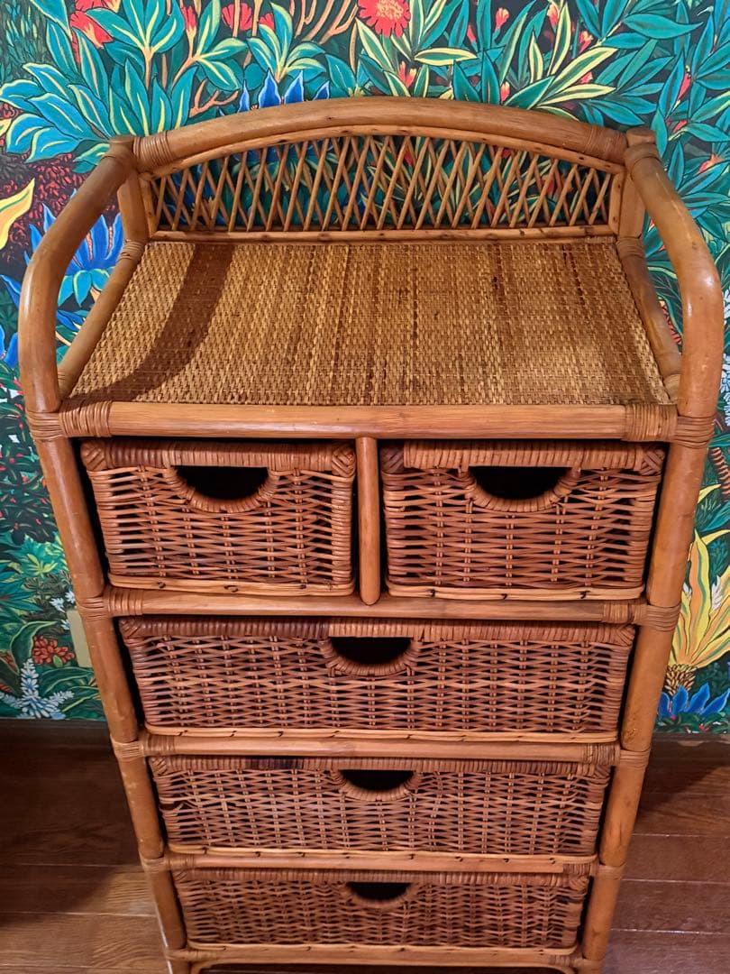 美品■昭和レトロ ラタン 4段　チェスト箪笥 コイズミ