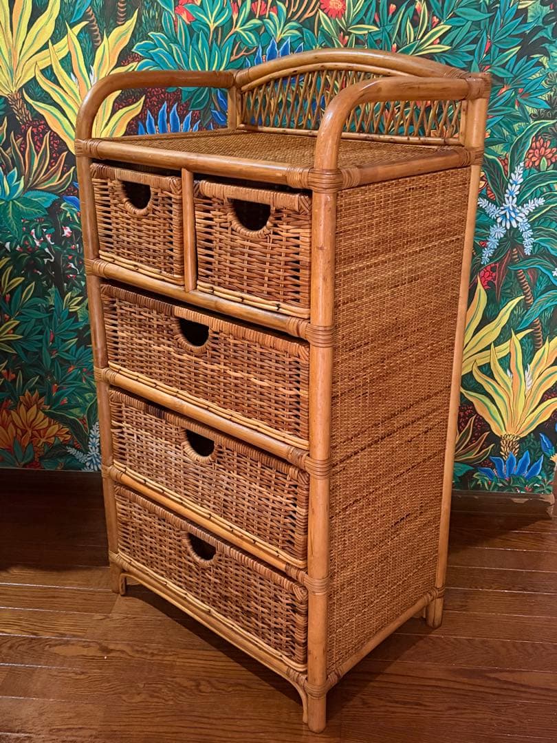 美品■昭和レトロ ラタン 4段　チェスト箪笥 コイズミ