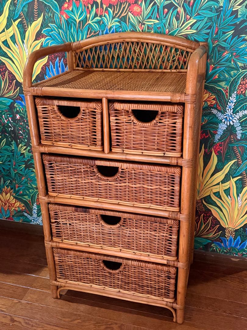 美品■昭和レトロ ラタン 4段　チェスト箪笥 コイズミ