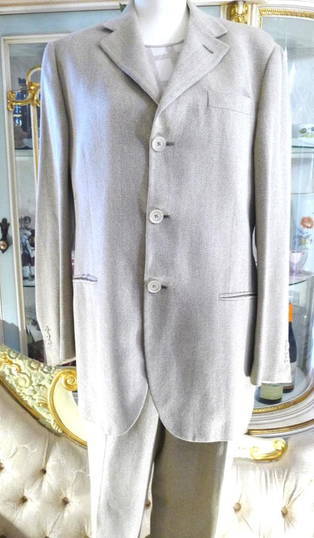 メンズ●【Gフェレ】イタリア製 ダークアイボリーウールシルクスーツ美品●