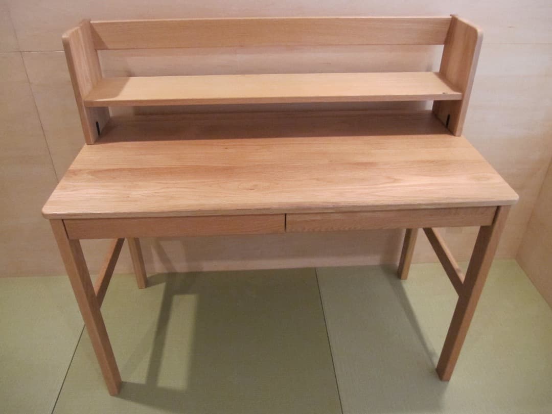 無印良品　オーク無垢材デスク 上棚付き 2引き出し 足元本棚