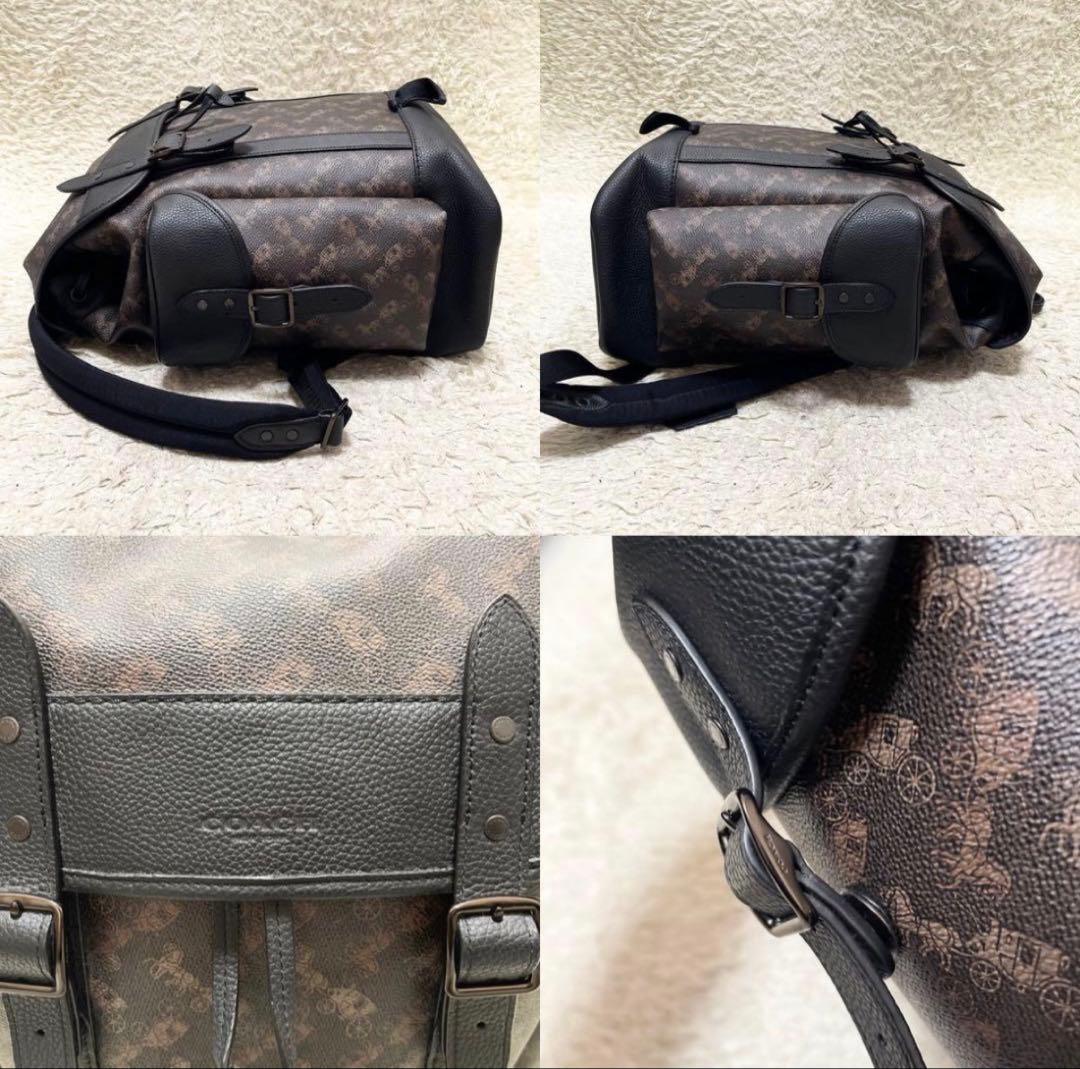 【美品/A4可】COACH 巾着　リュック　レザー　PVC　黒　馬車柄　ロゴ金具