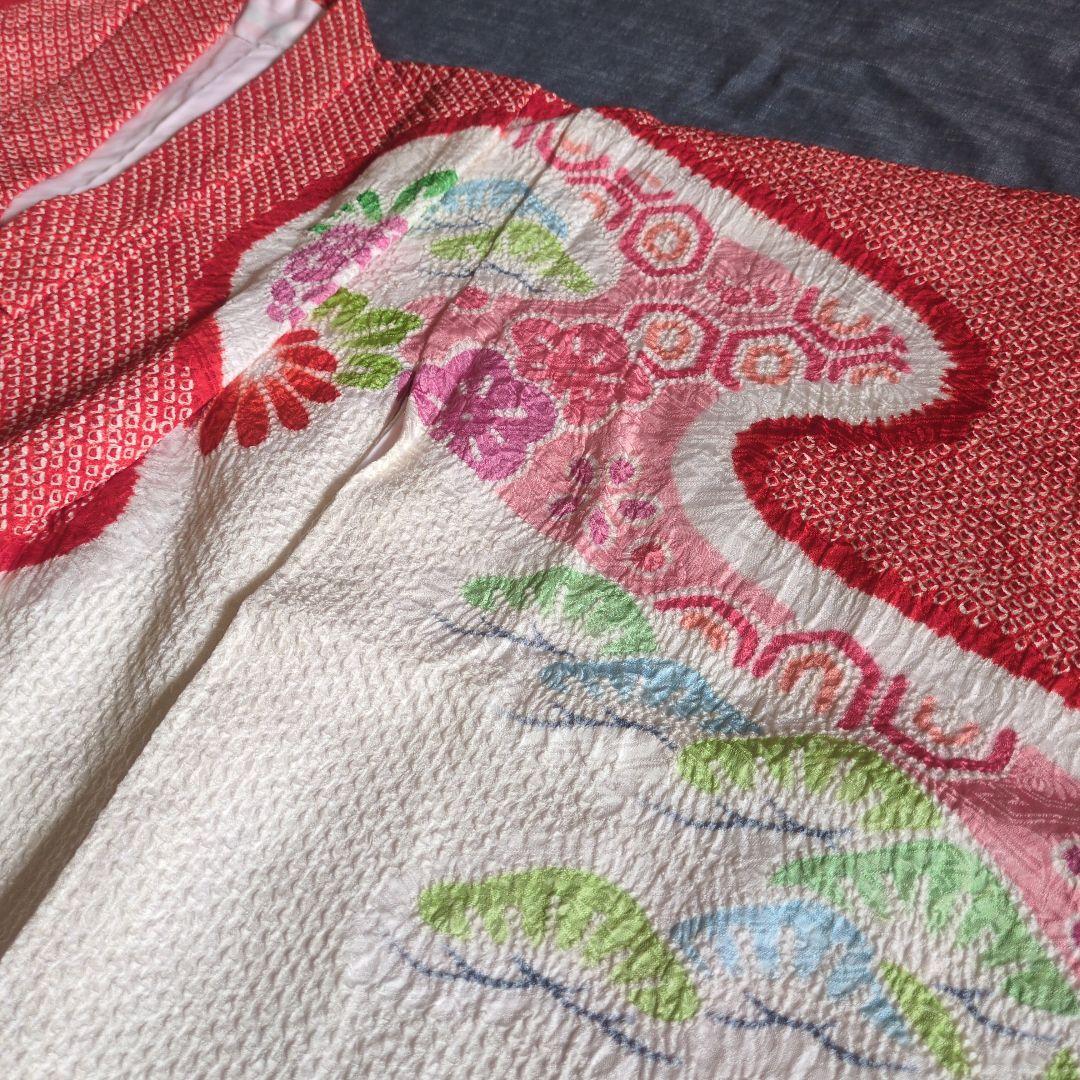 七五三　正絹　着物　鹿の子　総絞り　赤　白　７歳　フルセット