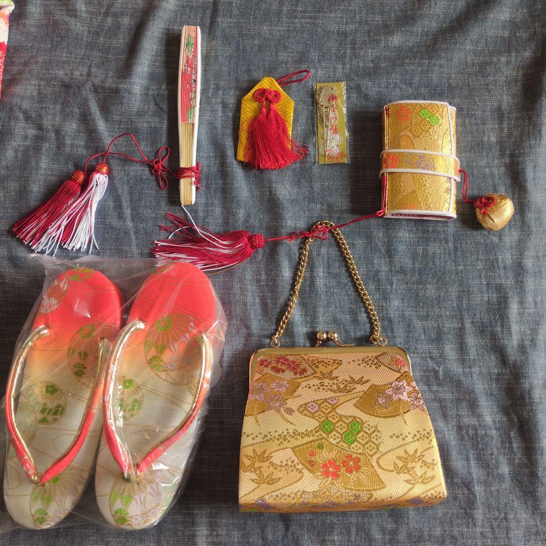 七五三　正絹　着物　鹿の子　総絞り　赤　白　７歳　フルセット