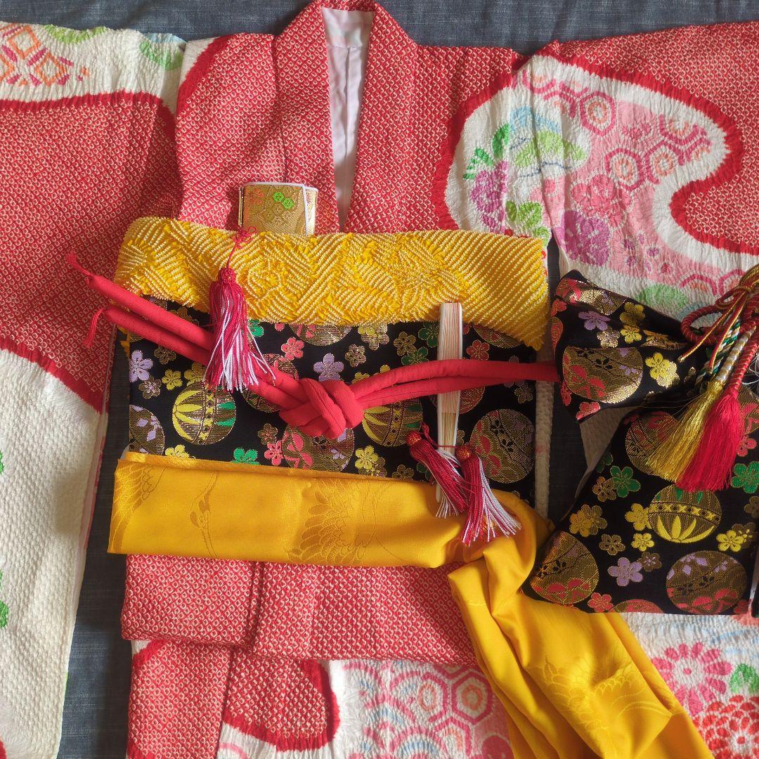 七五三　正絹　着物　鹿の子　総絞り　赤　白　７歳　フルセット