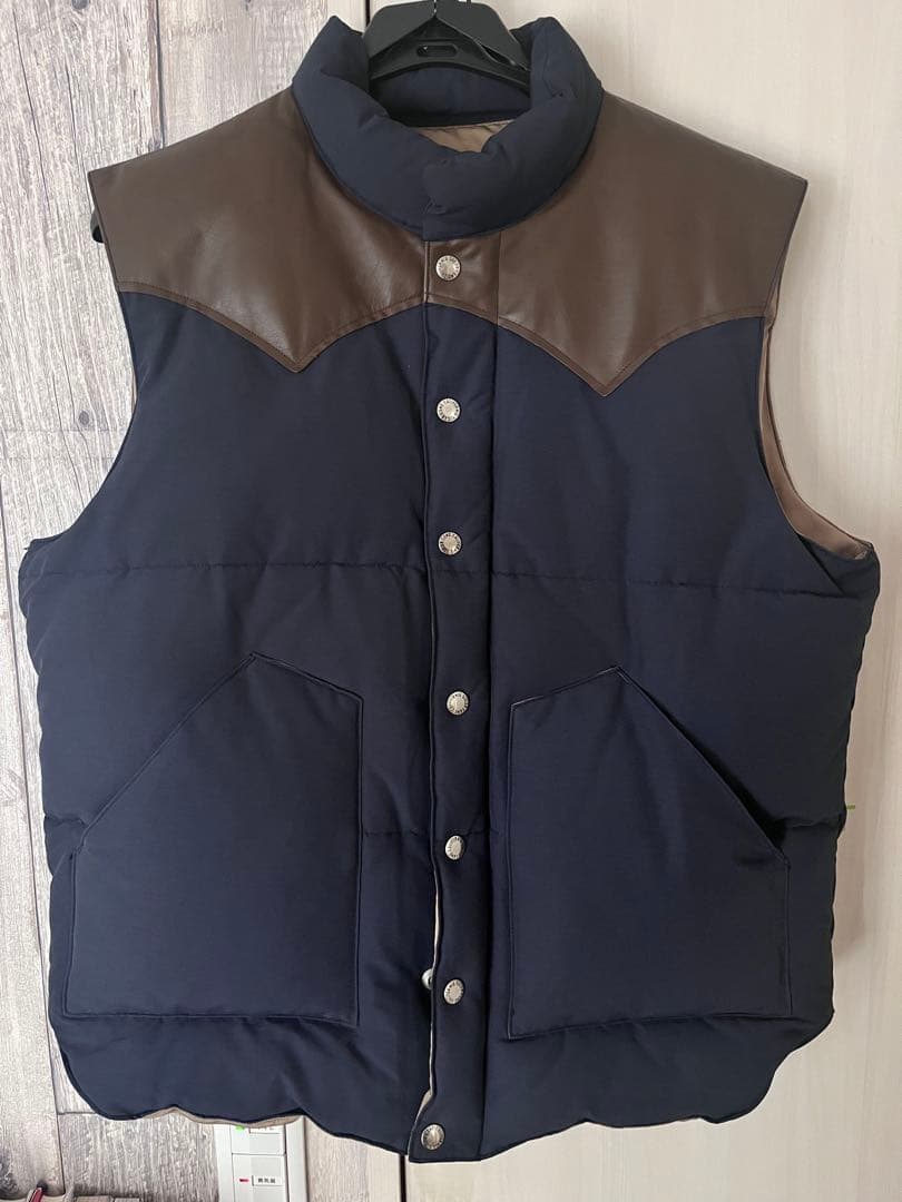 Sugar Cane ダウンベスト XL ネイビー/ブラウン　レザーヨーク