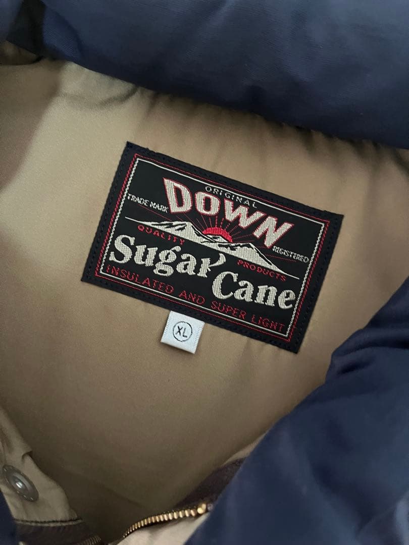 Sugar Cane ダウンベスト XL ネイビー/ブラウン　レザーヨーク