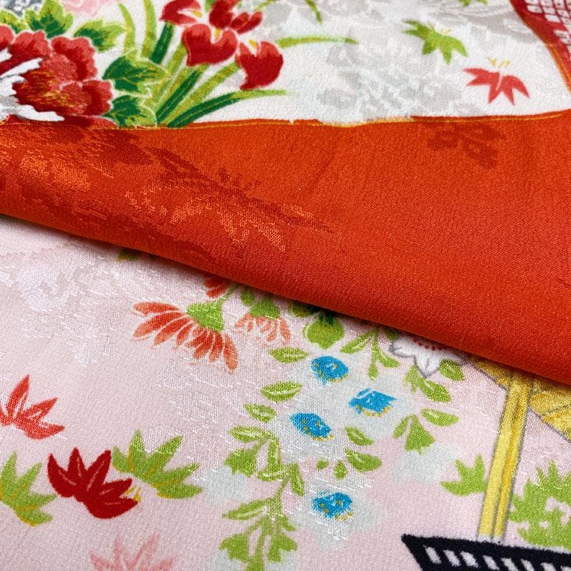 508ag86◎七五三 七歳 女児 アンティーク着物&丸帯 総柄 濃い朱色◎