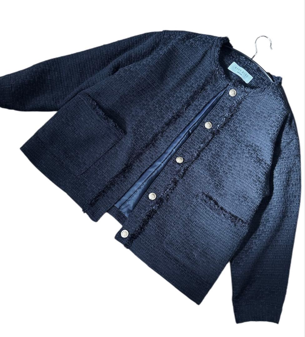 新品　SHIPS any ノーカラー ツイード ジャケットNAVYBLUE