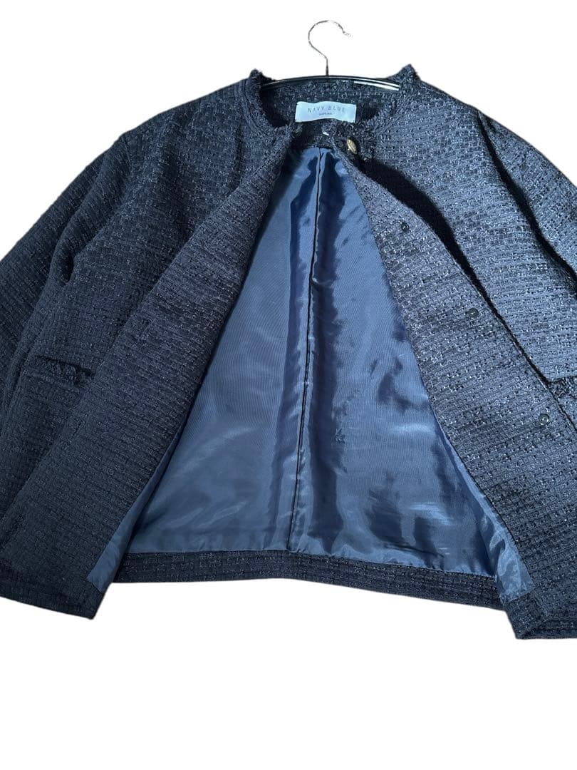 新品　SHIPS any ノーカラー ツイード ジャケットNAVYBLUE