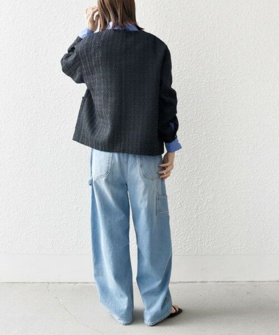 新品　SHIPS any ノーカラー ツイード ジャケットNAVYBLUE