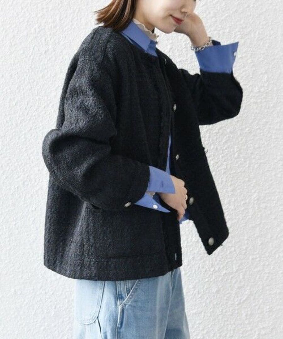 新品　SHIPS any ノーカラー ツイード ジャケットNAVYBLUE
