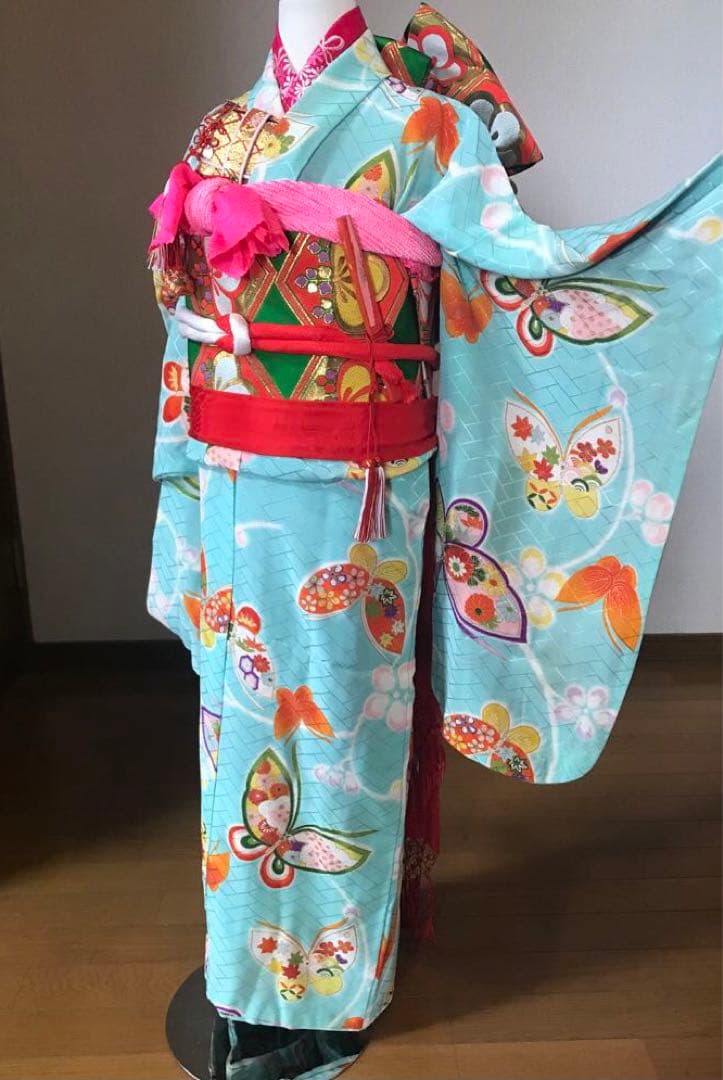 七五三7歳着物セット　アンティーク　正絹　水色　蝶々❤️