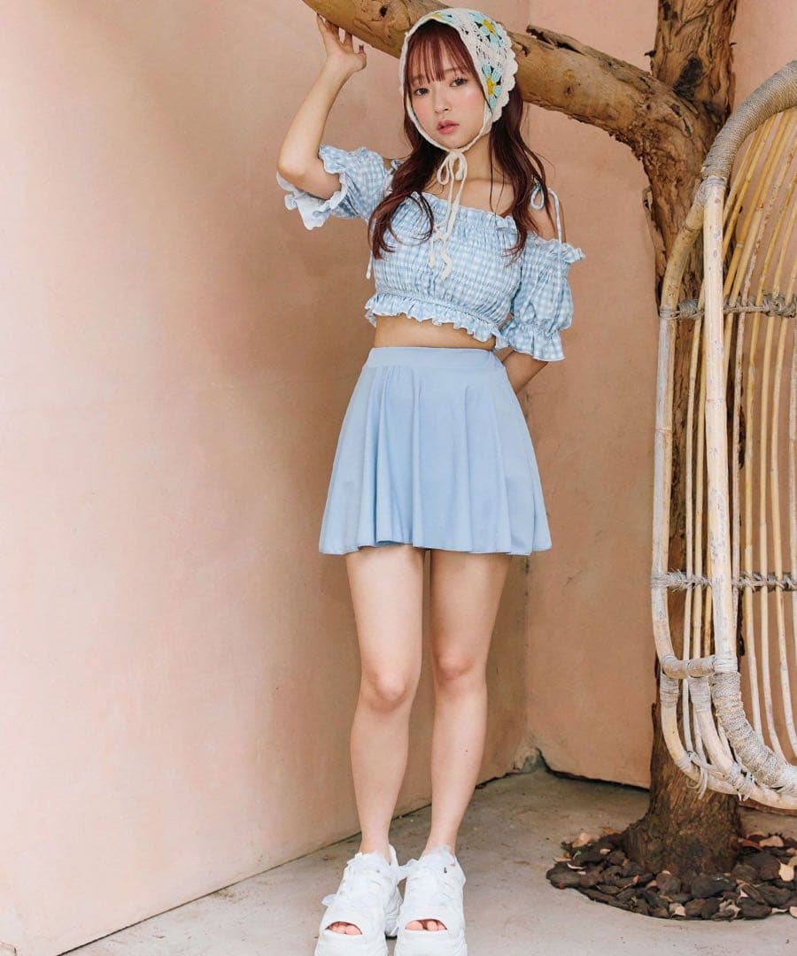 nice claup 3点セット　シャーリング 水色ギンガムチェック　水着