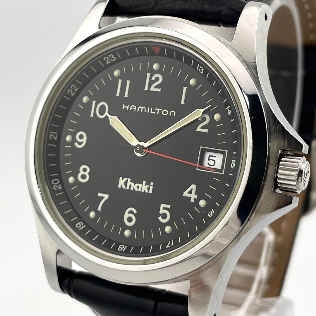 【稼働/新品電池】ハミルトン　カーキ　8775 デイト 腕時計　メンズ　黒文字盤
