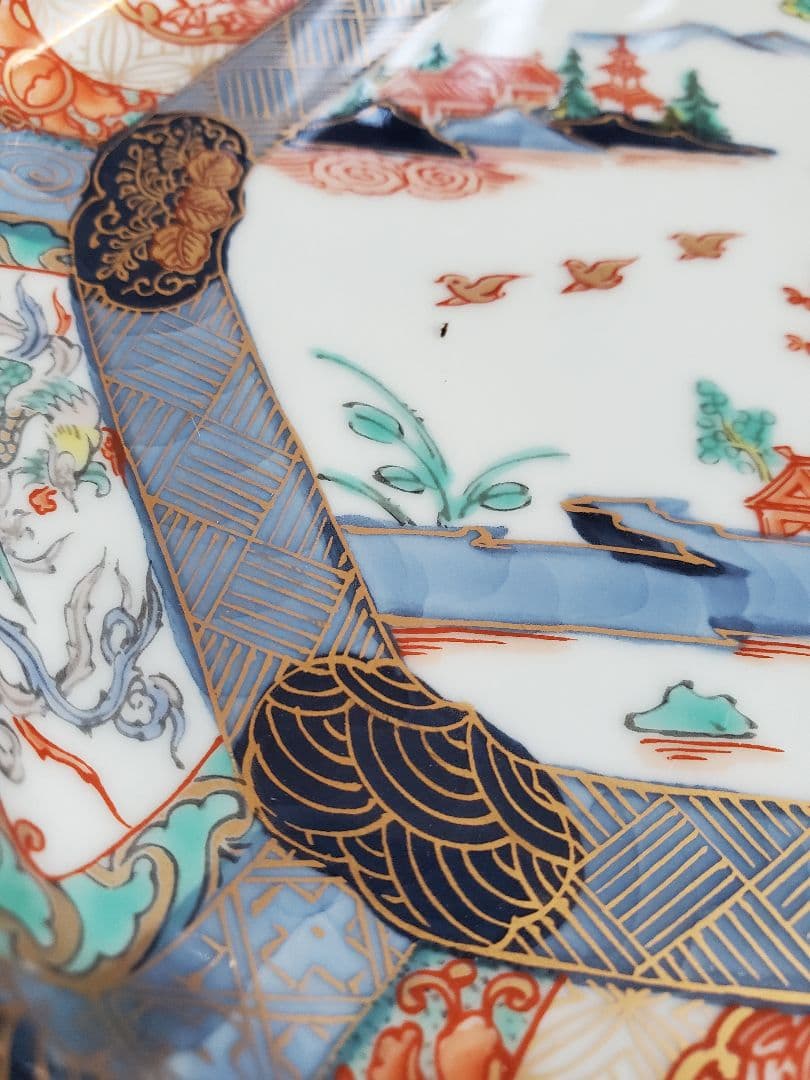 錦色絵六角焼皿　５枚セット　幸楽窯　古伊万里色絵山水盛皿