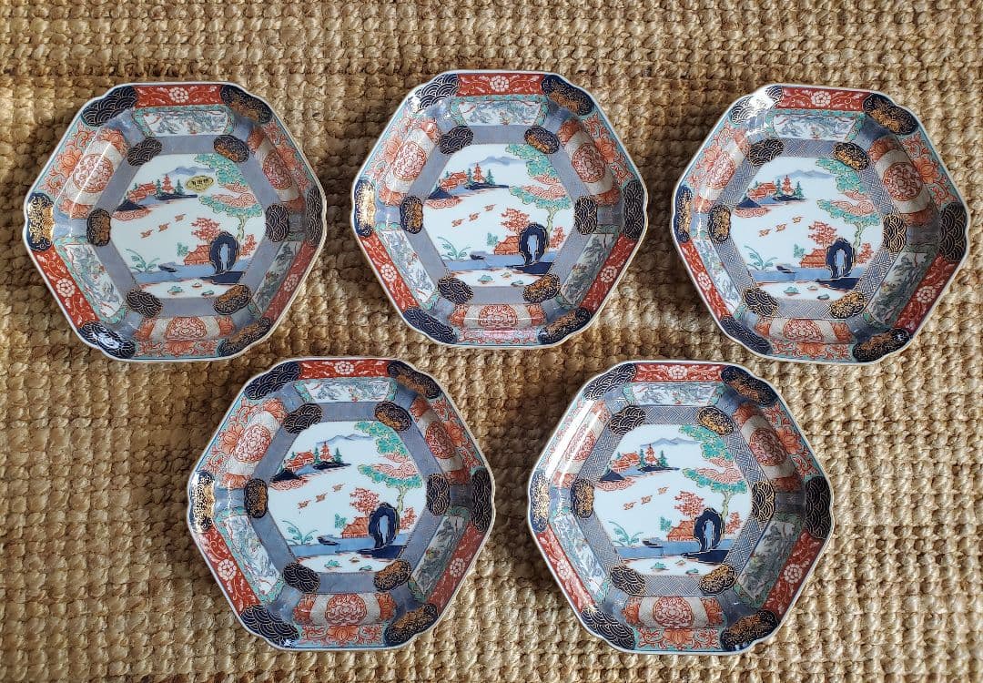 錦色絵六角焼皿　５枚セット　幸楽窯　古伊万里色絵山水盛皿