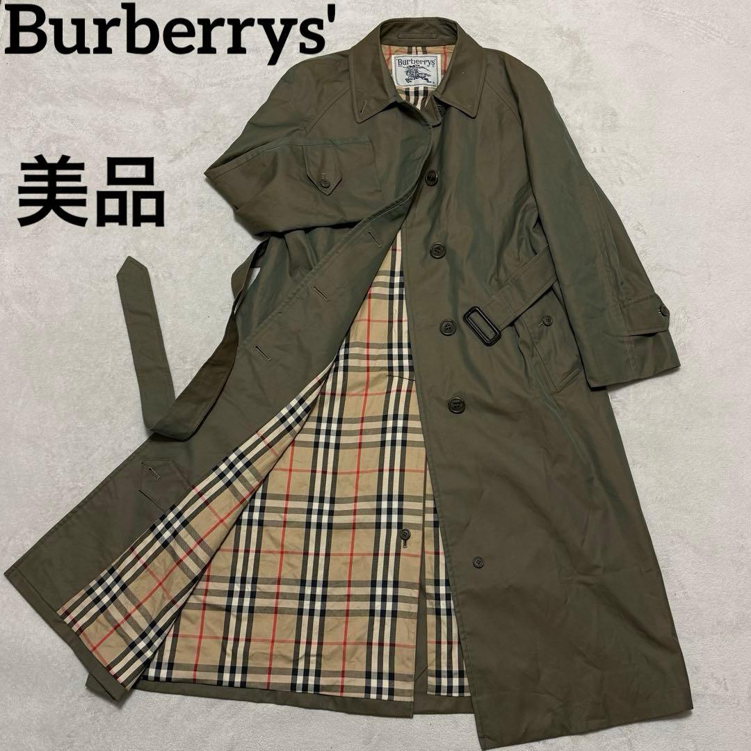 美品　バーバリーズ　ステンカラーコート　M位　チェック　カーキ　玉虫色　ベルト付