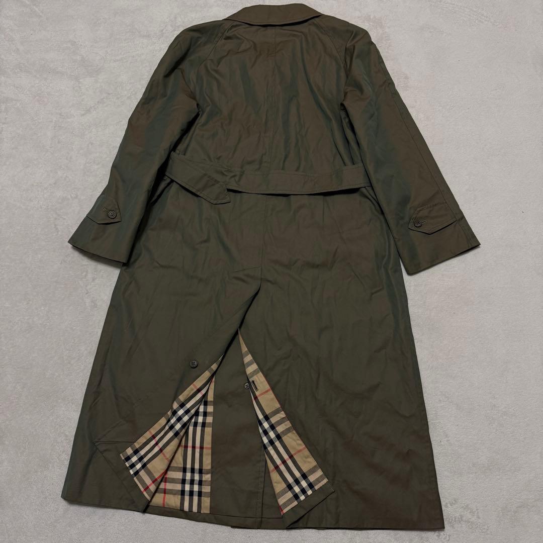 美品　バーバリーズ　ステンカラーコート　M位　チェック　カーキ　玉虫色　ベルト付