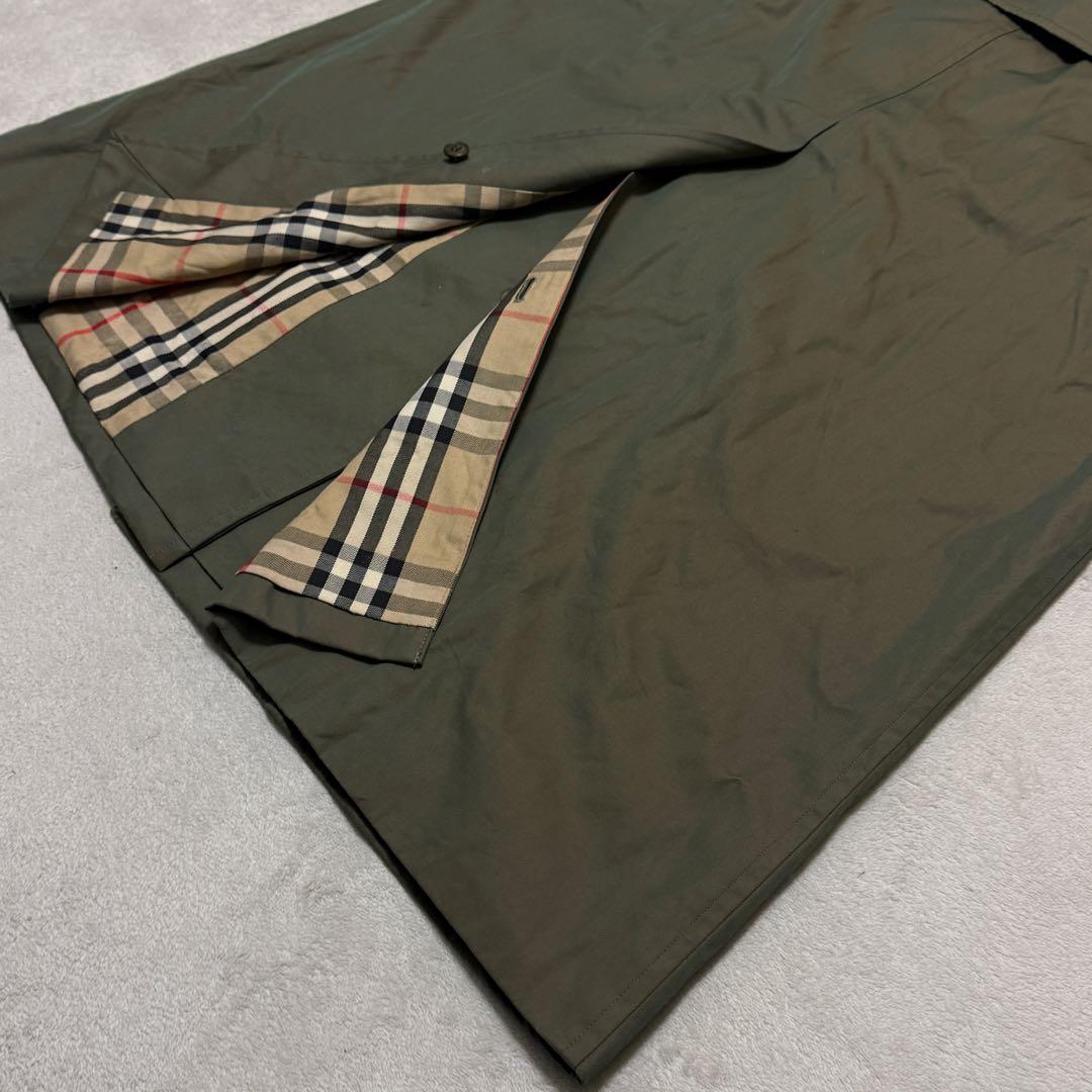 美品　バーバリーズ　ステンカラーコート　M位　チェック　カーキ　玉虫色　ベルト付