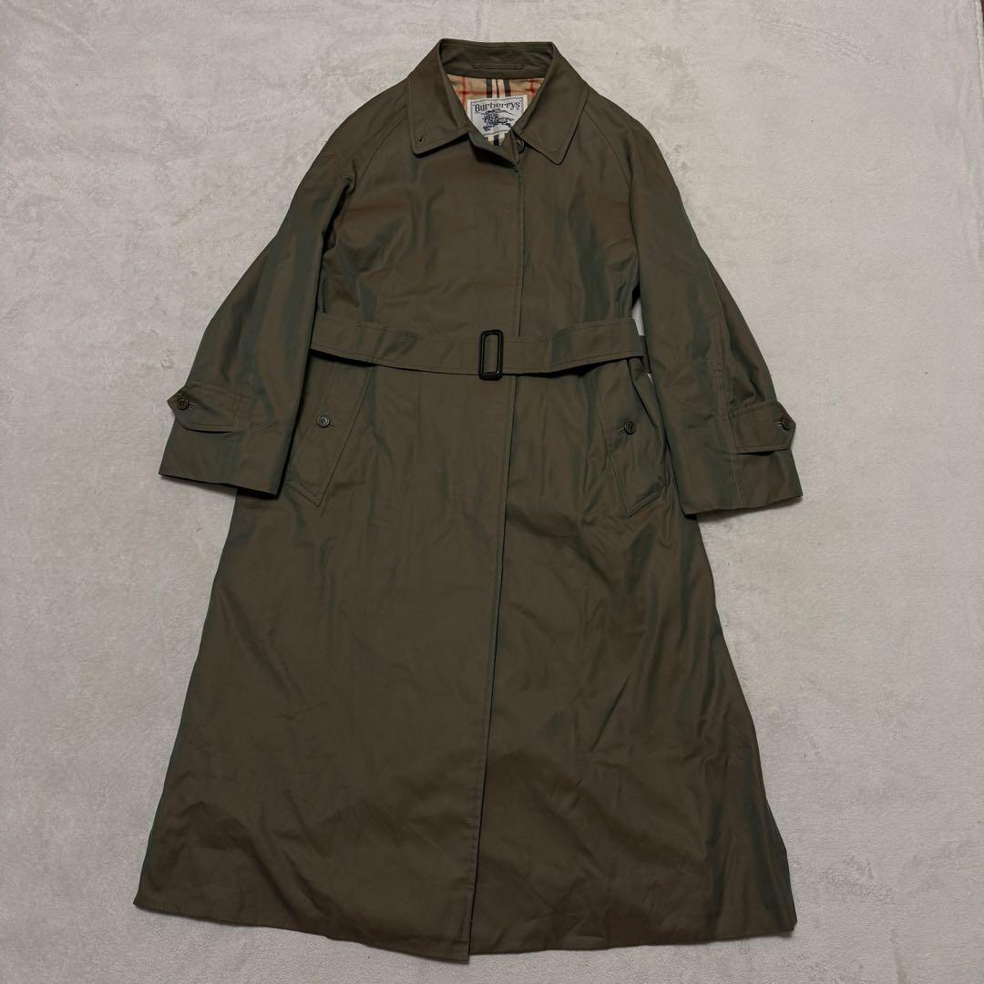 美品　バーバリーズ　ステンカラーコート　M位　チェック　カーキ　玉虫色　ベルト付