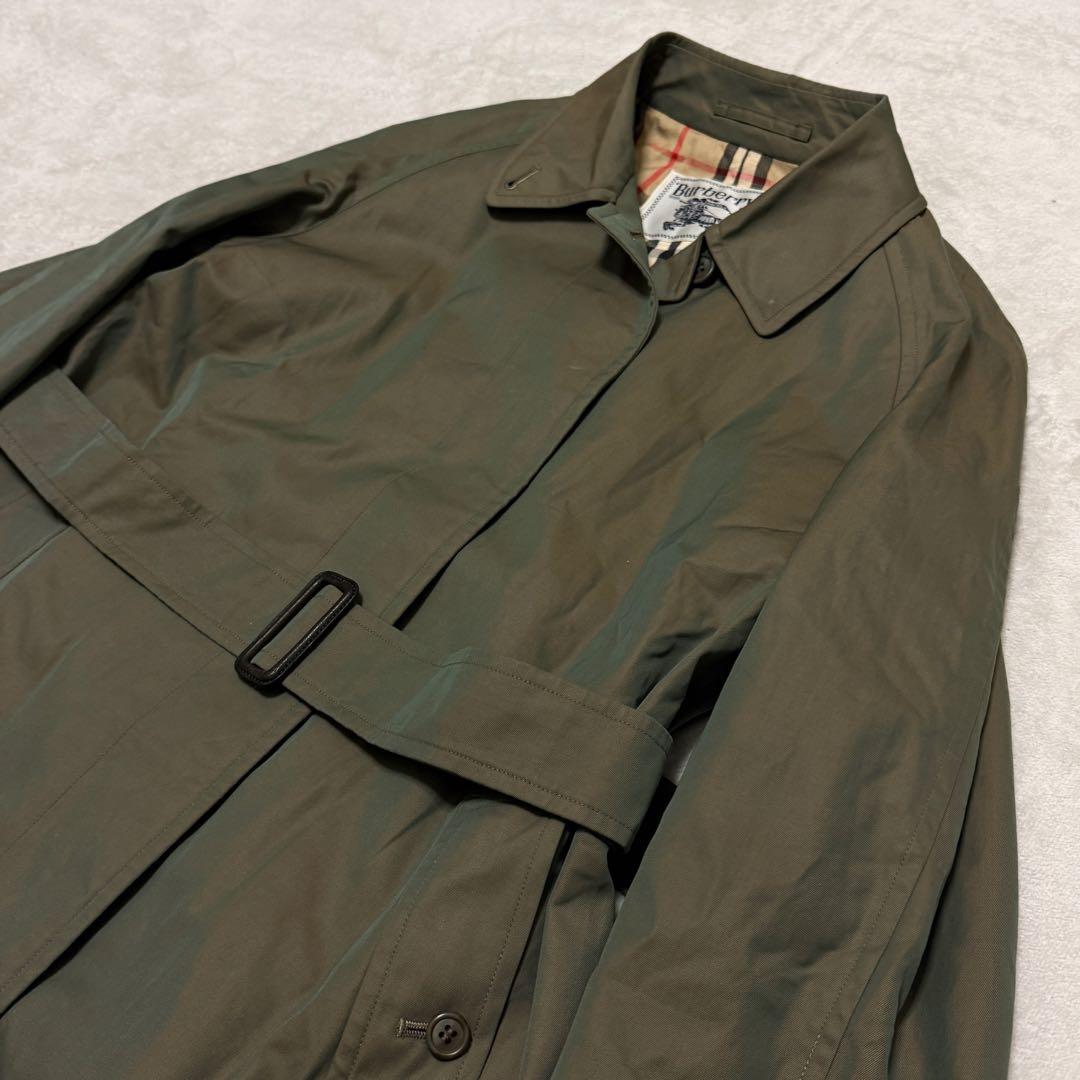 美品　バーバリーズ　ステンカラーコート　M位　チェック　カーキ　玉虫色　ベルト付