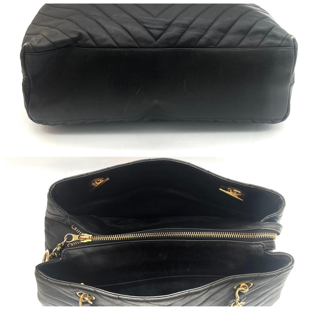 シャネル　チェーンショルダー　ラムスキン　ブイステッチ　ブラック　トートバッグ