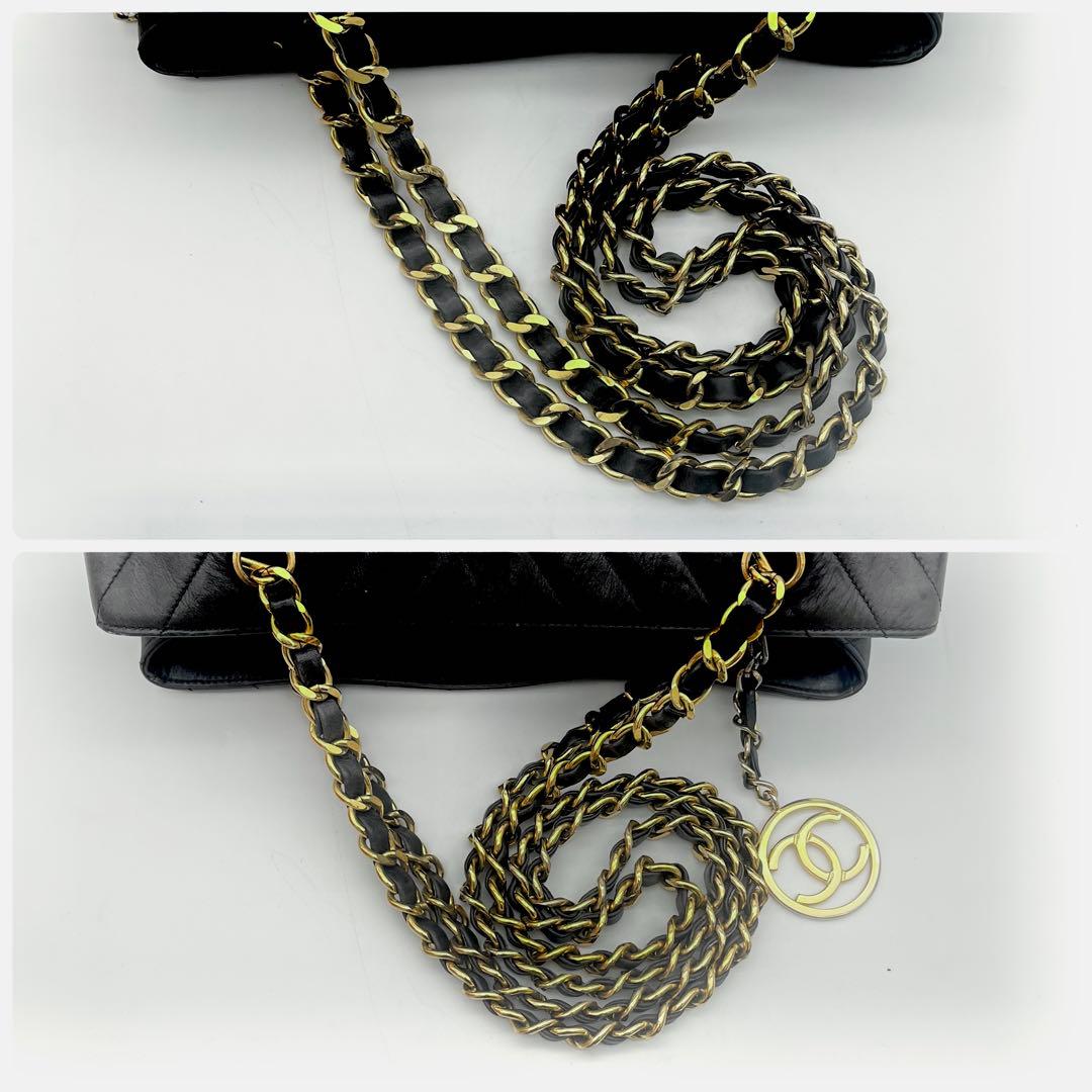 シャネル　チェーンショルダー　ラムスキン　ブイステッチ　ブラック　トートバッグ