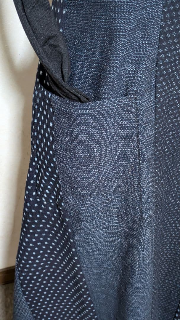 久留米　書生絣　雪ん子柄　藍染古布着物リメイクロングワンピース　　A 14