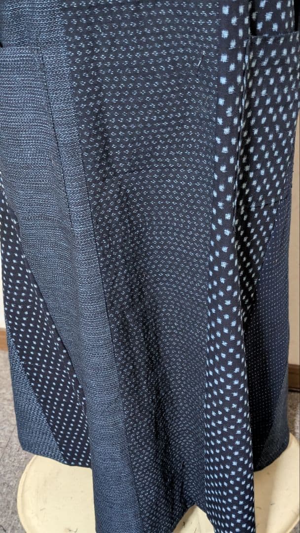 久留米　書生絣　雪ん子柄　藍染古布着物リメイクロングワンピース　　A 14